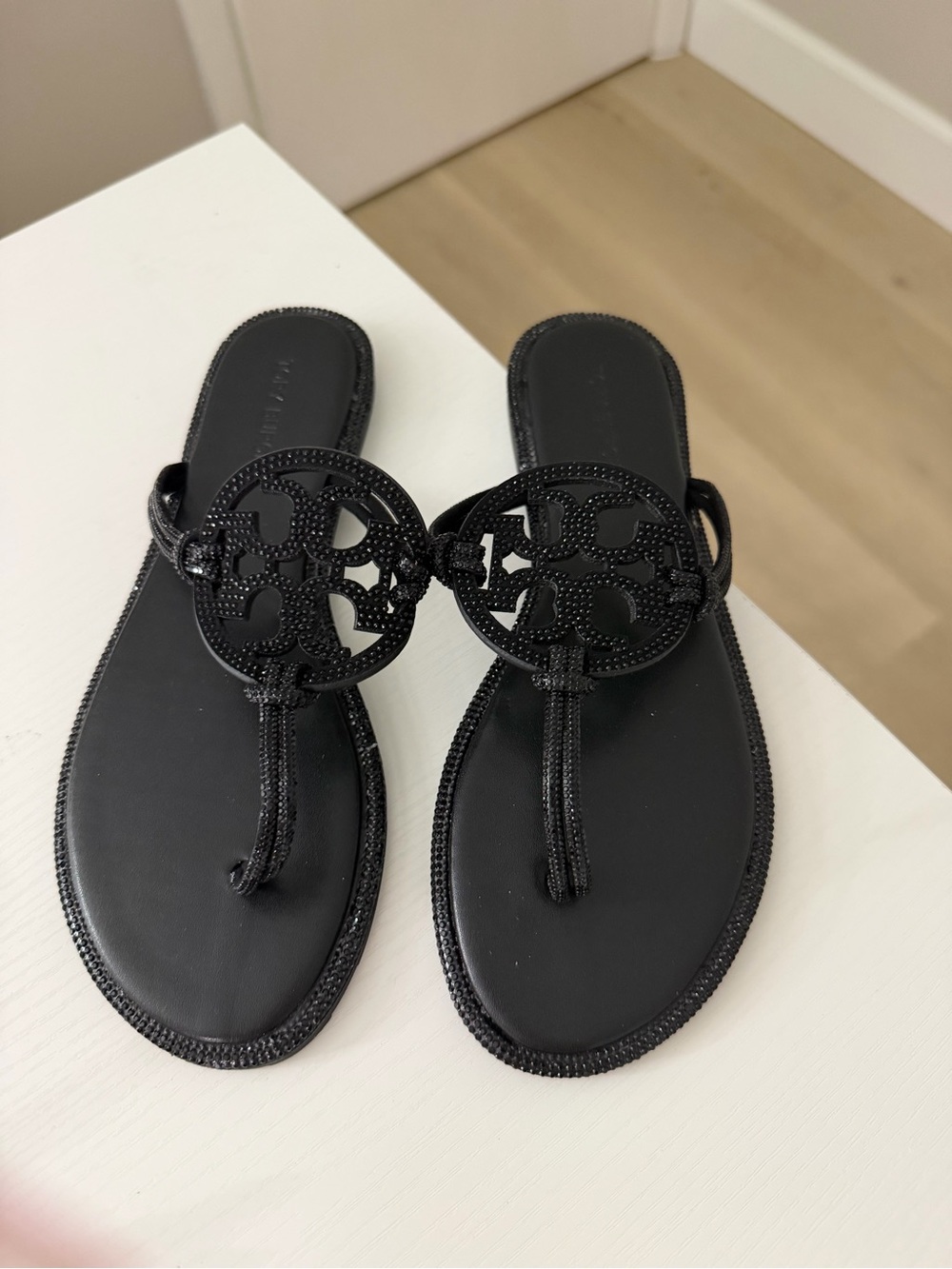 Tory Burch Black Logo Thong Sandals with Braided Trim